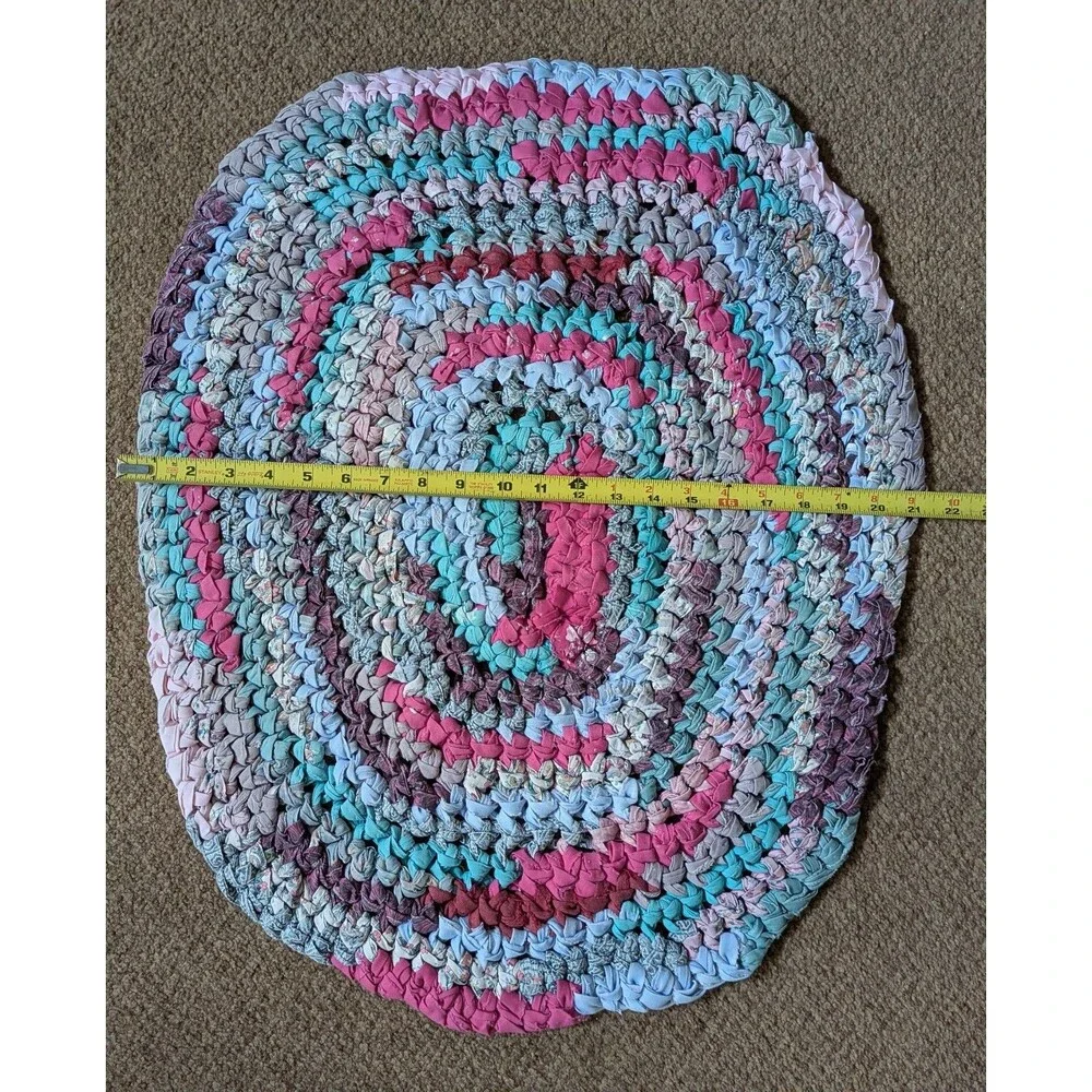 Vintage Oval Handmade Rag Rug Cotton Fabric Turquoise Pink Wine Colors 26